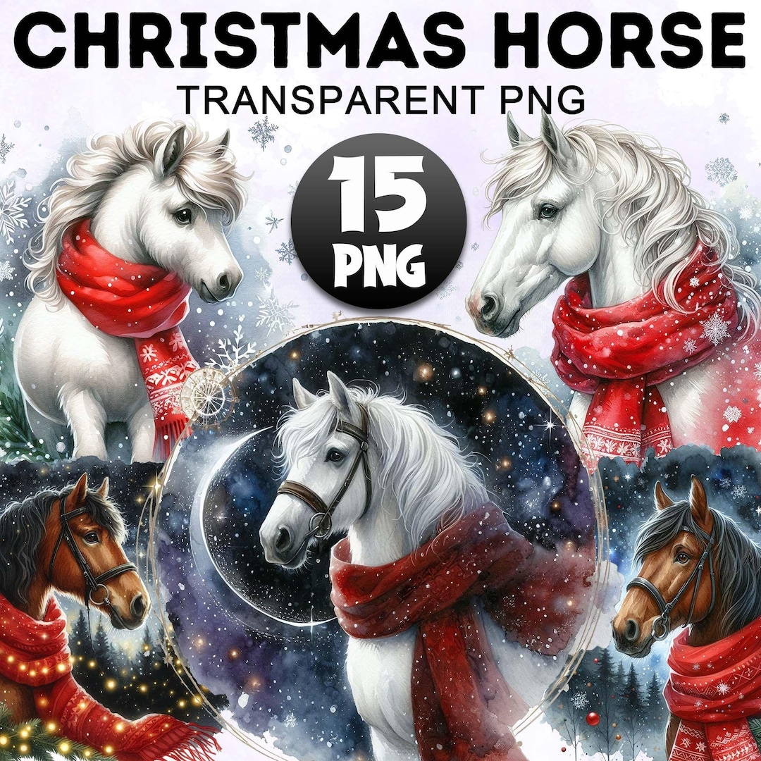 15 Winter Horse Clipart Bundle, Watercolor Christmas Horse Clipart ...