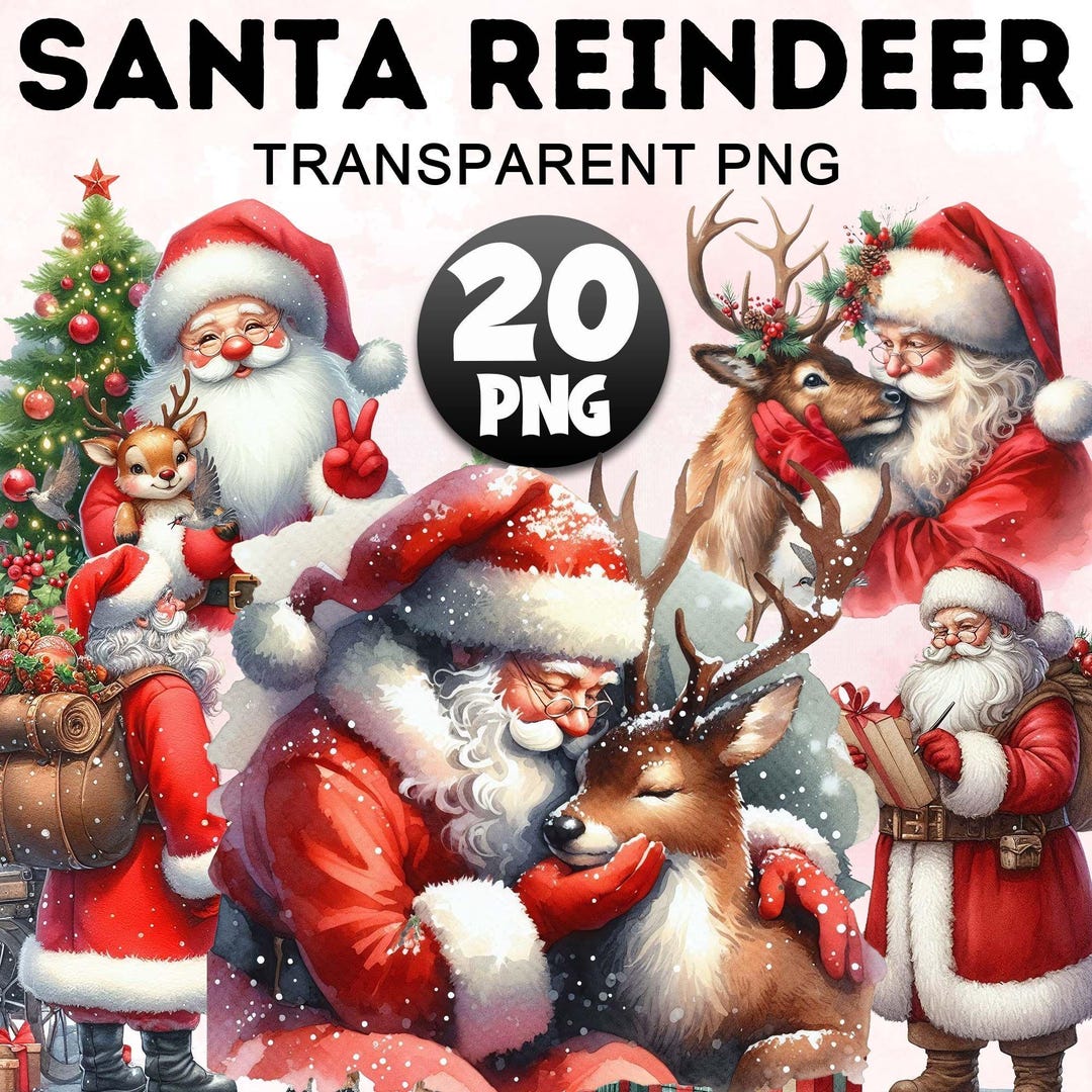 30 Santa Claus Clipart Bundle, Watercolor Santa With Reindeer Clipart ...