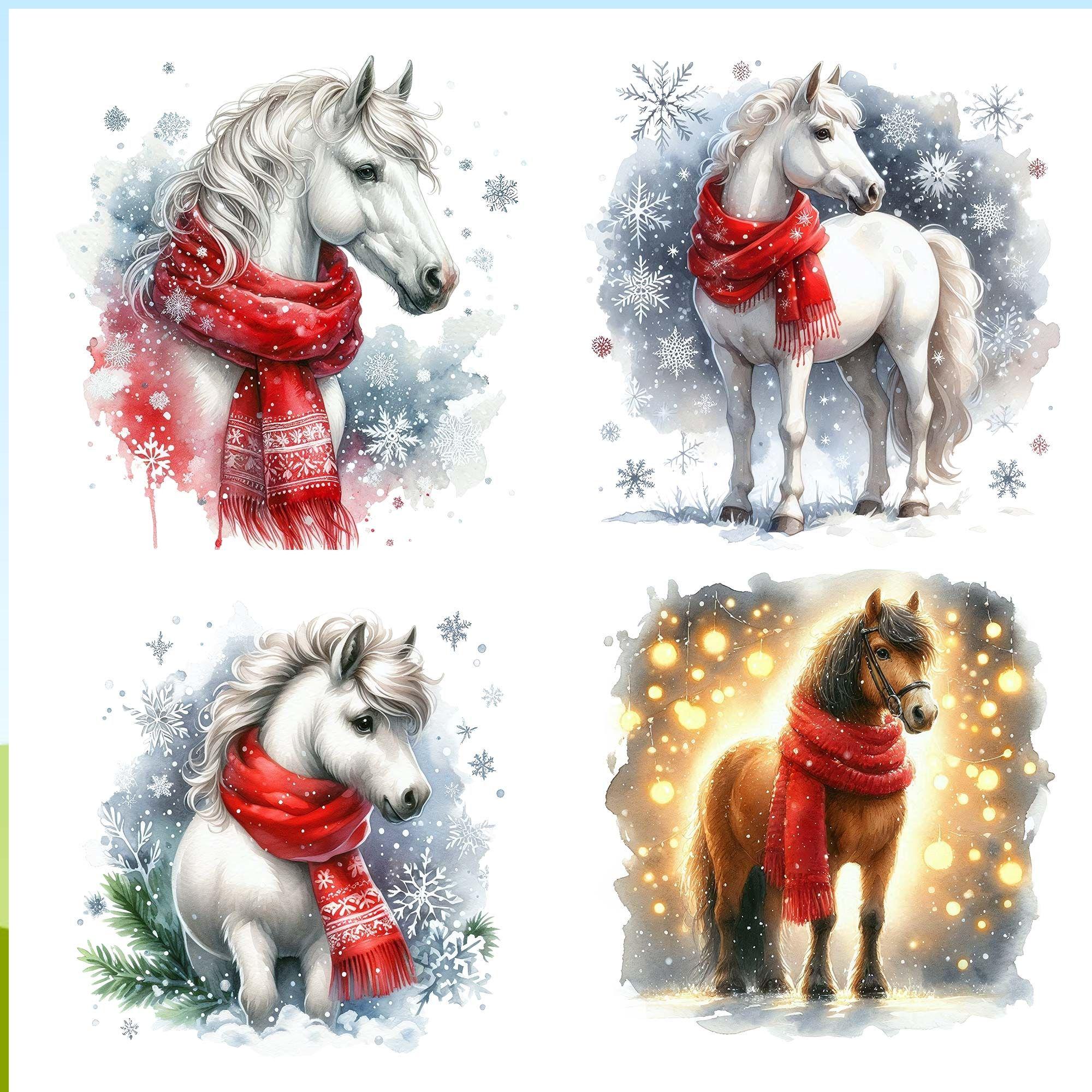 15 Winter Horse Clipart Bundle, Watercolor Christmas Horse Clipart ...