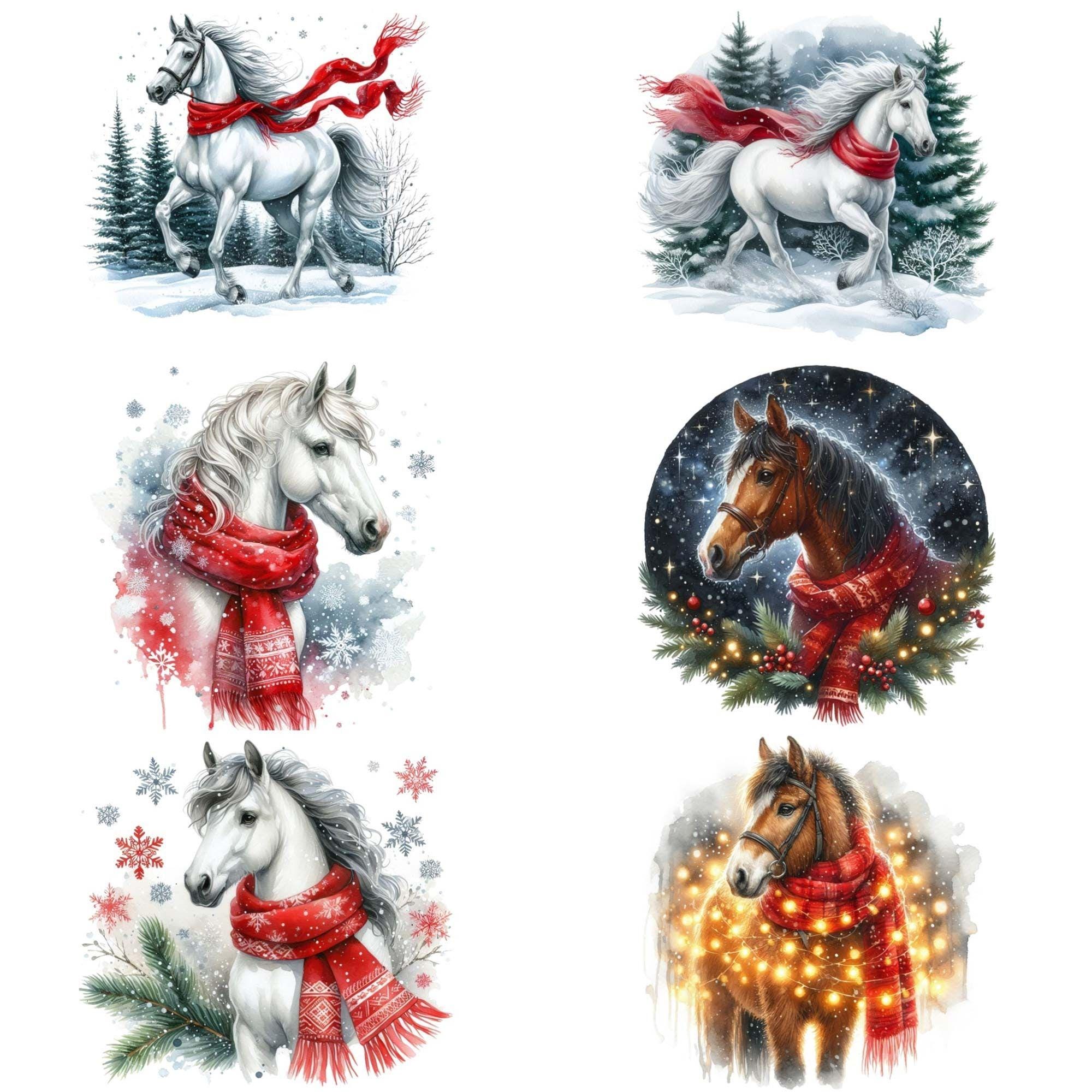 15 Winter Horse Clipart Bundle, Watercolor Christmas Horse Clipart ...