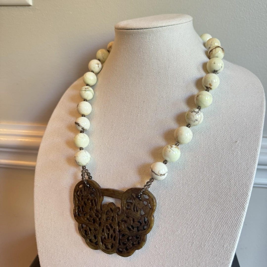 Vintage Chinese Nephrite Jade Carved Pendant Necklace W/ Howlite Beads ...