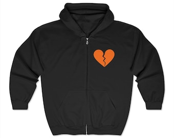 Charity Heartbreak Full Zip Hoodie, Broken Orange Heart,  Bibas Family, October 7th, all proceeds go to charity