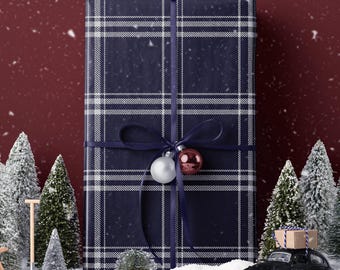 Luxury Navy Tartan Wrapping Paper Roll, Elegant Gift Wrap, Black Watch Style