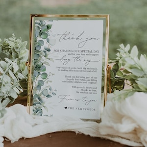 Segnaposto per matrimonio in eucalipto, biglietti di ringraziamento per matrimonio verde, decorazioni per tavolo cerimonia matrimonio, modello modificabile minimalista ed elegante