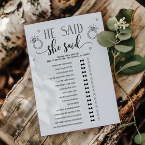 Fun Bridal Shower Games, Minimalist Wedding Games, He Said She Said Trivia Game, Instant Download