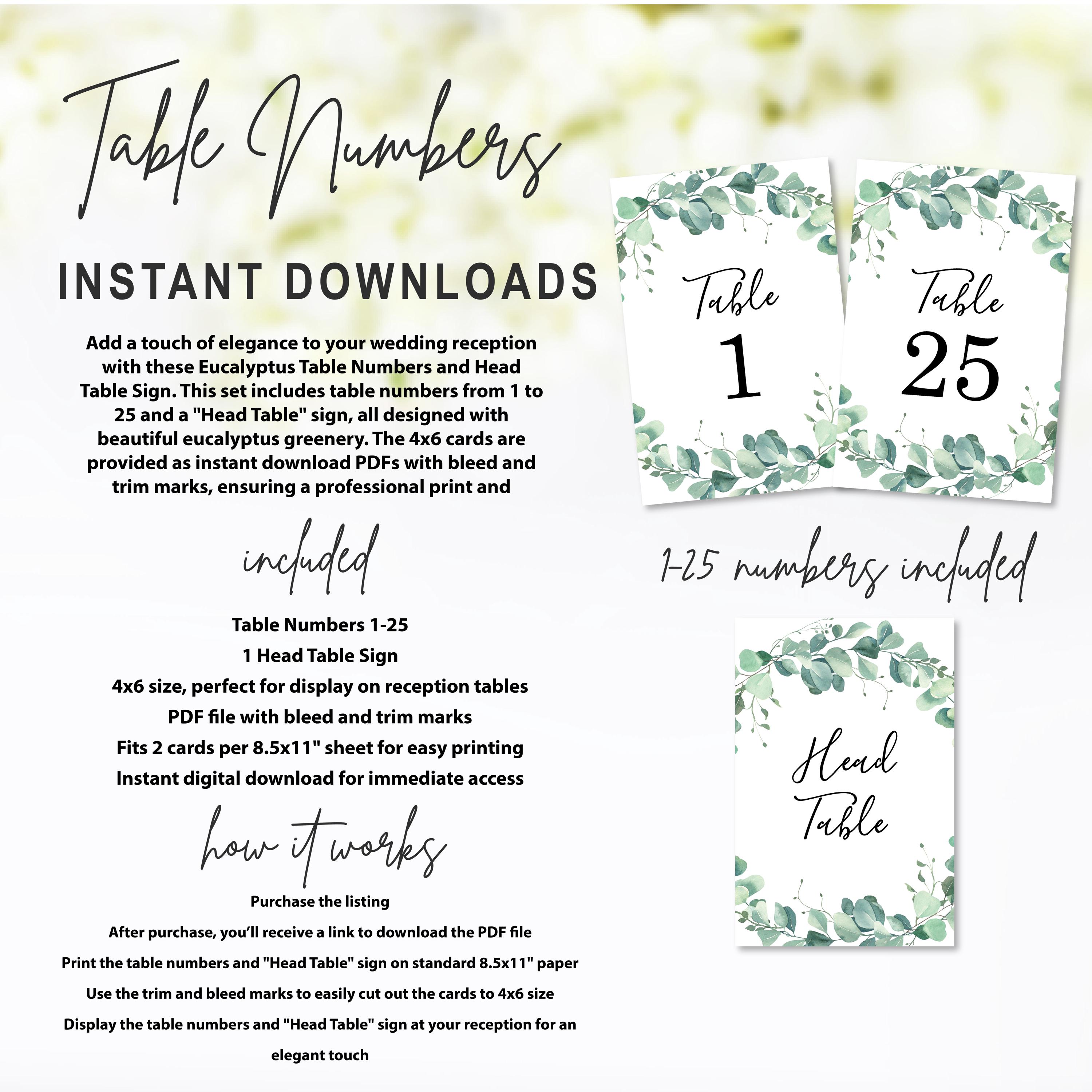 Hochzeit Tischnummern Karten Set 1-25 + Kopfkarte | Eukalyptus Geometrisch Design | 10x15 Cm Doppelseitig