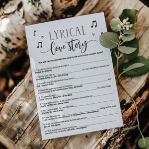 Minimalist Bridal Shower Games, Fun Wedding Games, Finish The Lyrics Trivia Game, Lyrical Love Story Instant Download