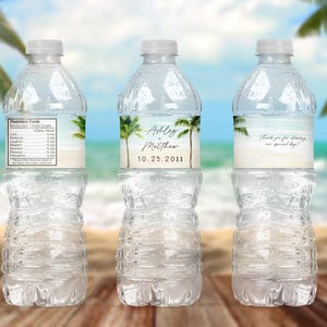 Beach Palm Tree Water Bottle Labels - Editable Corjl Template | Tropical Wedding & Bridal Shower Bottle Wraps | 8x2 Printable