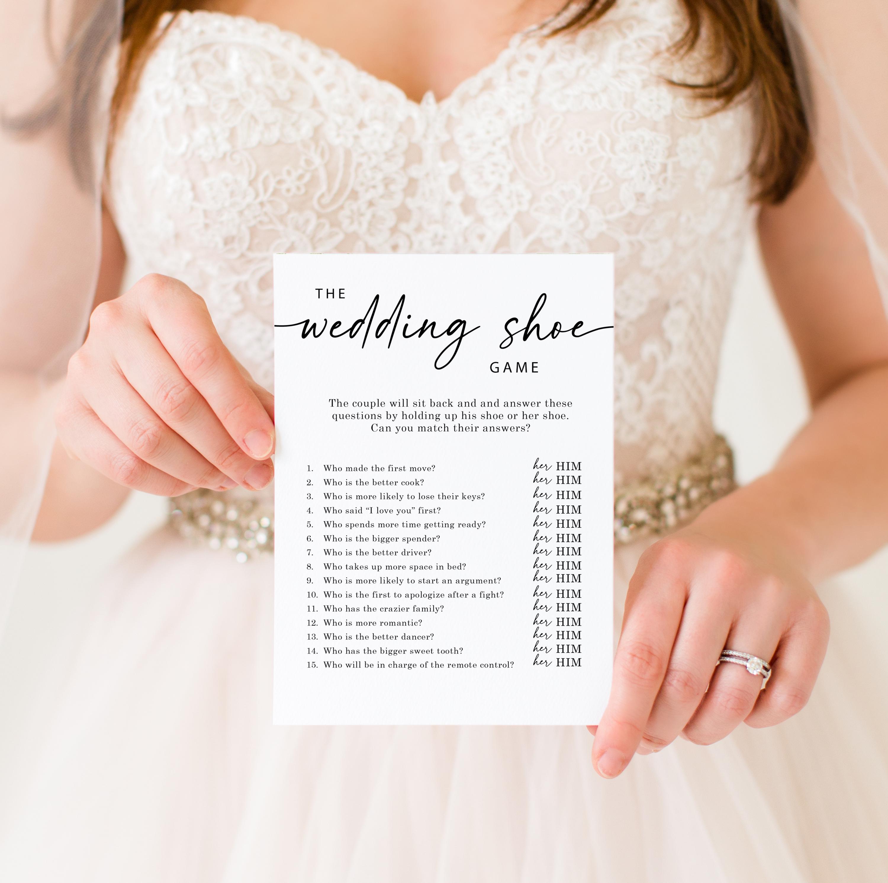 Jeu de chaussures de mariage minimaliste blanc à imprimer, jeux de douche nuptiale, jeu de mariage, téléchargement immédiat, jeu amusant pour les jeun