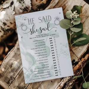 Fun Bridal Shower Games, Whimsical Eucalyptus Wedding Games, He Said She Said Trivia Game, Instant Download