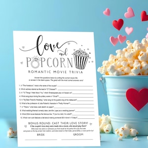 Fun Bridal Shower Games, Minimalist Wedding Games, Romantic Movie Trivia Game, Love and Popcorn Instant Download