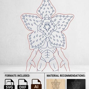 Peut inclure: Un design SVG de porte-clés Demogorgon avec un contour rouge et bleu. Le design comprend le texte "DEMOGORGON KEYCHAIN SVG". Formats inclus : SVG, DXF, AI, PDF et EPS. Recommandations de matériaux : bois de bouleau poli et acrylique noir mat.