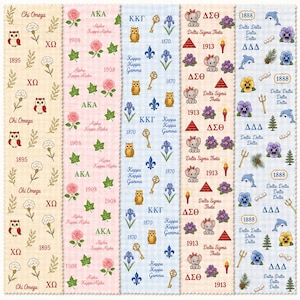 May include: Five vertical fabric strips featuring sorority motifs: Chi Omega with owls and carnations, AKA with roses, Kappa Kappa Gamma with owls and keys, Delta Sigma Theta with elephants and violets, and Delta Delta Delta with dolphins and pansies.