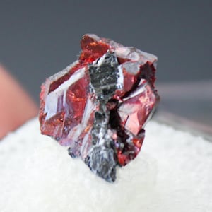 May include: A close-up of a raw, uncut mineral specimen. The crystal structure displays a deep red hue with areas of black and gray. The mineral is set against a white, textured background within a black display case.