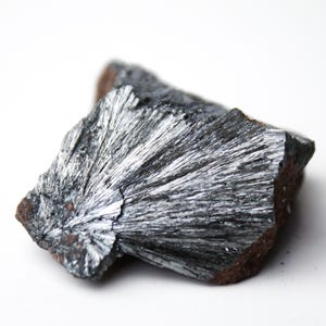May include: A close-up of a mineral specimen featuring a dark gray, crystalline structure with radiating, silvery-white needle-like formations. The mineral sits on a reddish-brown matrix, set against a white background. The overall appearance is of a natural, geological sample.