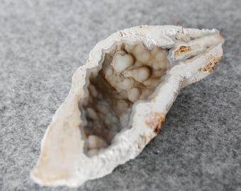 May include: A white geode with a hollow interior filled with white and gray crystals.