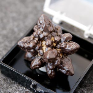 May include: A dark brown mineral specimen with a clustered, rounded form, displayed in a black plastic case. The mineral has a glossy, textured surface and a crystalline structure. The case is open, revealing the specimen against a neutral background.