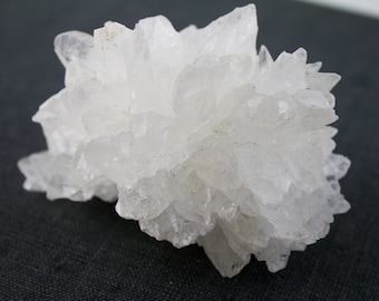 May include: A cluster of white, translucent crystals with a rough, textured surface. The crystals are arranged in a flower-like shape.