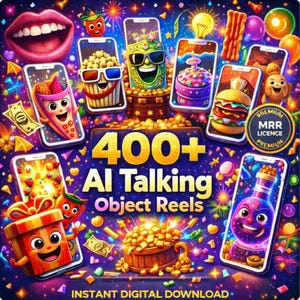 May include: A vibrant digital graphic with the text "400+ AI Talking Object Reels" and "Instant Digital Download." The image features animated food and objects on smartphones, surrounded by gold coins, dollar bills, and colorful sparkles.