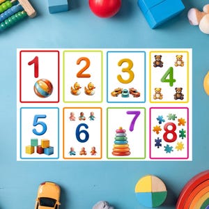 Printable Kids Counting Flashcards Educational Number Cards for Toddlers Fun Learning Flashcards with Toys Preschool Math Activity Set