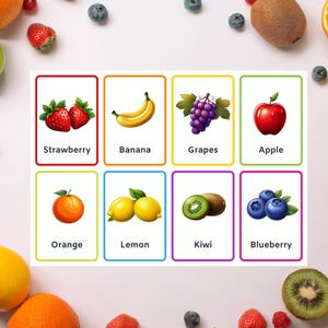 Fruit Flashcards for Kids Toddler Learning Cards Preschool Educational Printable Flashcards for Homeschool Montessori Early Learning