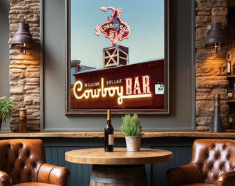 Vintage Million Dollar Cowboy Bar Neon Sign Canvas Print, Vintage Western Wall Art, Jackson Hole