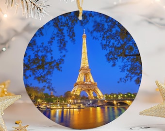 Eiffel Tower Paris Night Ornament, Ceramic or Metal Keepsake, Travel Memory Gift