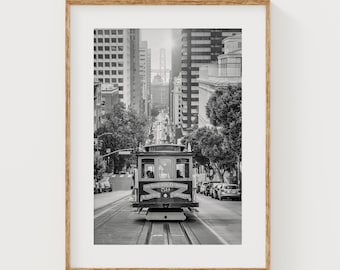San Francisco Cable Car Black and White Photography Print, California Street Scene Office Decor