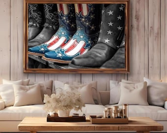 Cowboymuurkunst, print cowboylaarzen Amerikaanse vlag, patriottisch western-Americana decor