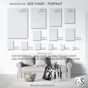 May include: A size chart for portrait prints featuring various rectangular dimensions in inches and centimeters, ranging from 5x7 inches to 40x60 inches. The chart includes a reference illustration of a sofa measuring 90 inches in width.