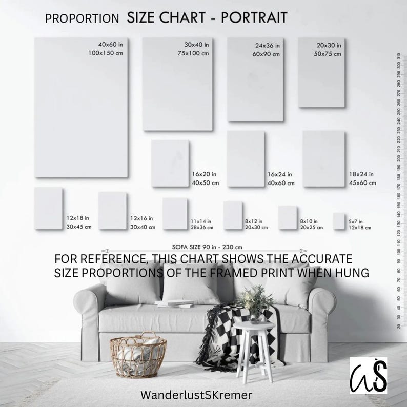 May include: A size chart for portrait prints featuring various rectangular dimensions in inches and centimeters, ranging from 5x7 inches to 40x60 inches. The chart includes a reference illustration of a sofa measuring 90 inches in width.