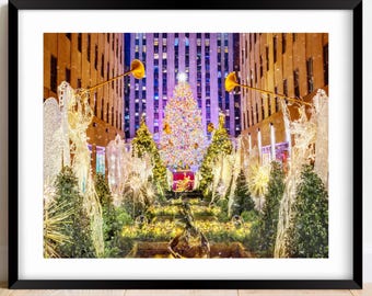 Rockefeller Center Christmas Tree NYC Holiday Wall Art Print – Festive Angel Scene Winter Decor