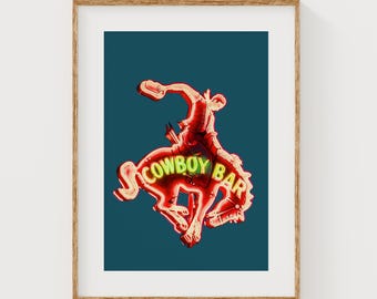 Western Prints, Cowboy Bar Neon Sign Print at Night: Jackson Hole Wyoming, Rustic Western Man Cave Decor