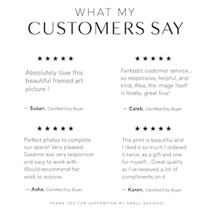 May include: A white graphic display titled WHAT MY CUSTOMERS SAY featuring four five-star reviews from Etsy buyers. The text includes testimonials praising framed art, customer service, and print quality, ending with THANK YOU FOR SUPPORTING MY SMALL BUSINESS.