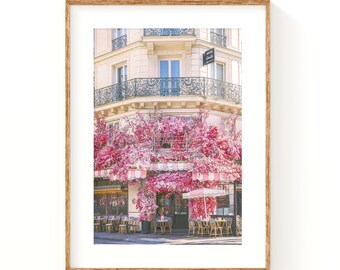 Paris Cafe Print, Pink Flowers Photography, Parisian Wall Art, France Travel Photo, Gift for Her