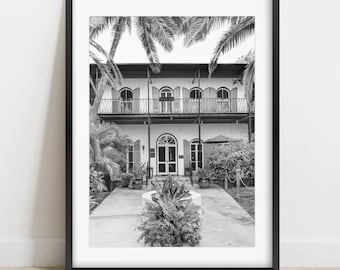 Art noir et blanc de Key West, impression de maison Hemingway, photographie des Florida Keys, décoration côtière