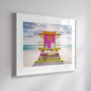 Tour de gardien rose de Miami Beach, décoration côtière pastel, photographie de plage rose, photographie d'art, décoration d'intérieur de la Floride, art mural côtier
