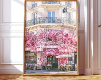 Pink Paris Cafe Photography, Pink Flowers Spring Morning Wall Art