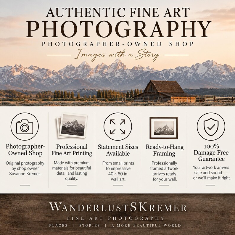 May include: An informational graphic for WanderlustSKremer Fine Art Photography featuring a landscape photo of a barn and mountains. It lists services including professional printing, statement sizes up to 40 x 60 in., framing, and a damage-free guarantee.