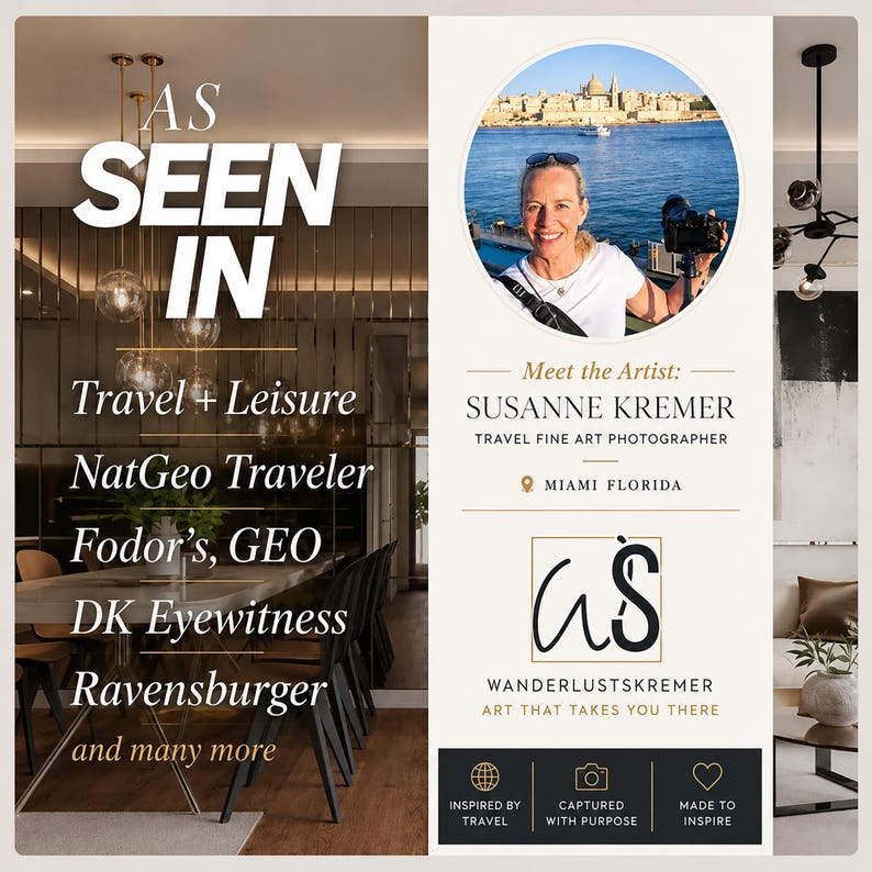 May include: A promotional graphic featuring the text AS SEEN IN followed by Travel + Leisure, NatGeo Traveler, Fodor's, GEO, DK Eyewitness, and Ravensburger. It includes a circular photo of photographer Susanne Kremer and her logo.