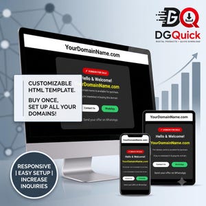 May include: A digital domain for sale landing page template displayed on a computer monitor, tablet, and smartphone. The screen shows the text YourDomainName.com, Domain For Sale, Hello & Welcome, Contact Us, WhatsApp, and Send your offer on WhatsApp.