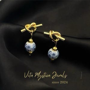 Blue& White Floral Ceramic Earrings, 18K Gold Plated dangle earrings, Hand-made porcelain earrings, Delft blue Elegant Oriental gift for her