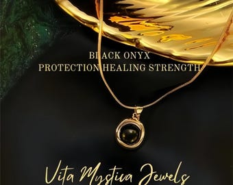Minimalist Black Onyx Pendant Necklace, 18k Gold Chain