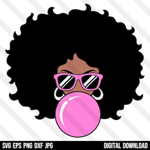 May include: A black and white illustration of a woman with an afro hairstyle wearing sunglasses and blowing a pink bubble.