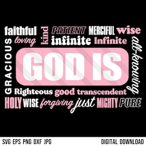 May include: A digital design on a black background with the words "GOD IS" in large white letters inside a pink rounded rectangle. Surrounding the central text are words like "faithful," "loving," and "wise."