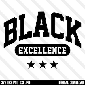 Puede incluir: Diseño gráfico en blanco y negro con el texto "BLACK EXCELLENCE" en negrita. Tres estrellas negras están debajo del texto.
