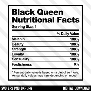 May include: Black Queen Nutritional Facts graphic with a table listing qualities like Melanin, Beauty, Strength, Loyalty, Sensuality, and Foolishness with their corresponding percentage daily values. The text at the bottom reads: "* Percent daily value is based on a diet of self-love. Actual daily values may vary depending on mood."