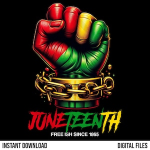 Puede incluir: Gráfico digital de un puño cerrado en rojo, amarillo y verde, que simboliza el Juneteenth. El puño está adornado con una cadena y grillete dorados, sobre un fondo negro. La palabra "Juneteenth" está escrita en rojo y amarillo, con el texto "Free ish since 1865".