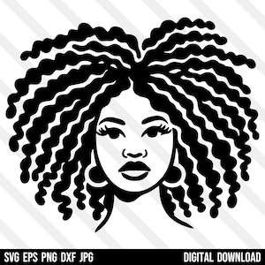May include: Black and white silhouette of a woman with curly hair. The woman is looking straight ahead with a neutral expression.