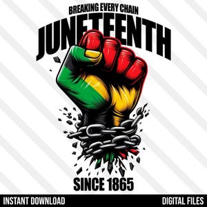 Può includere: Illustrazione grafica di un pugno chiuso che spezza catene, colorato in rosso, giallo e verde. La parola "JUNETEENTH" è sopra il pugno, con "BREAKING EVERY CHAIN" sopra. Il testo "SINCE 1865" è sotto.